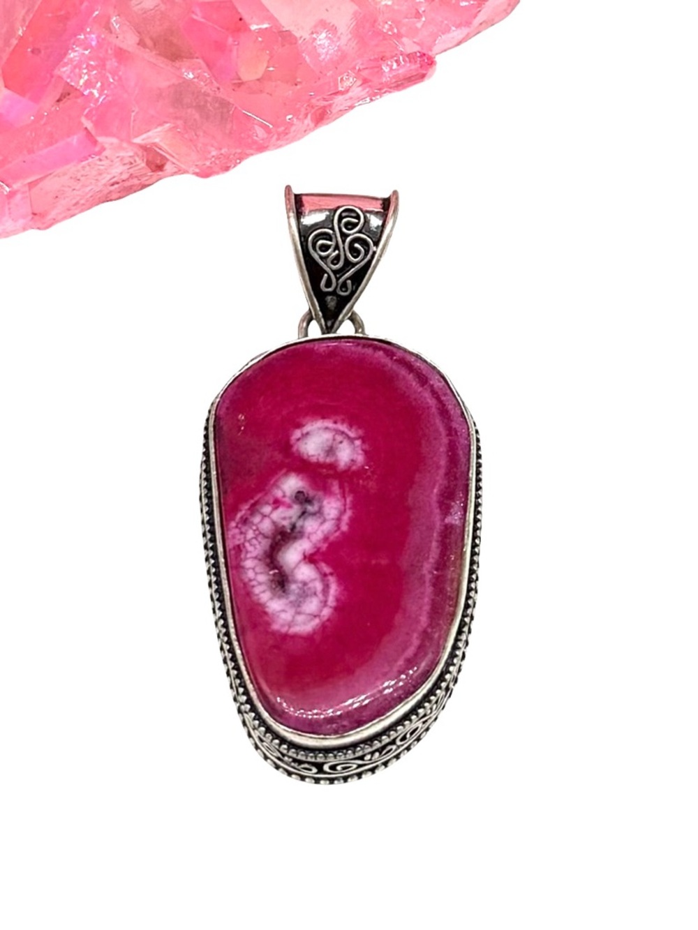Hot Pink Solar Agate Necklace Pendant 925 Sterling Silver Overlay Chunky Stone